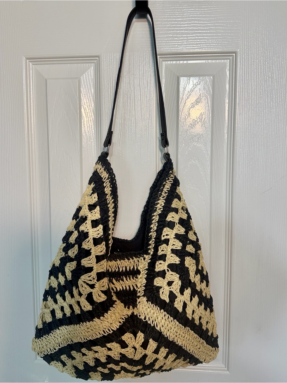 Woven Black and Cream Shoulder Tote